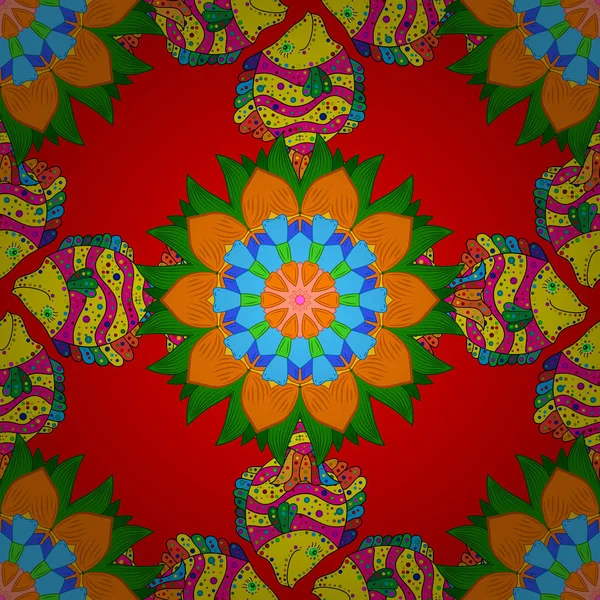 Vektör çizim. Turuncu, yeşil ve kırmızı üzerinde balıklar. Handdrawn. Balık tarzı doodle. Sorunsuz.