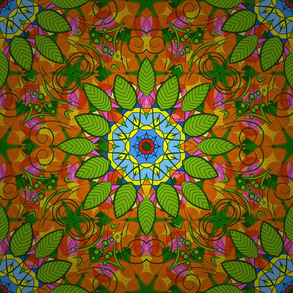 Yeşil, turuncu ve sarı renkli mehndi mandala vektör çizimi. Geleneksel Hint tarzı, kına dövmesi için süs çiçek öğeleri renkli çıkartmalar, mehndi ve yoga tasarım, kartları ve baskı.