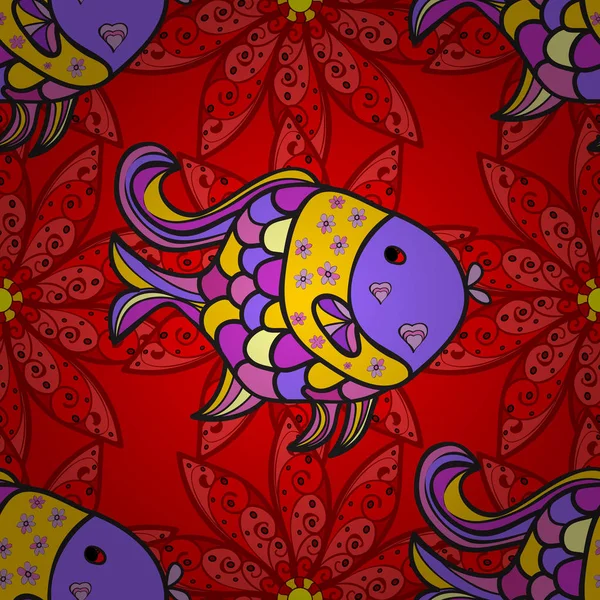 Çiçek kompozisyon, el boyalı, narin şablonu. Üstten görünüm, yumuşak tarzı. Balık. Kırmızı, mor ve gri renkler doğal çiçek deseni. Sevgililer günü ve tebrik kartı kavramı için şık davet.