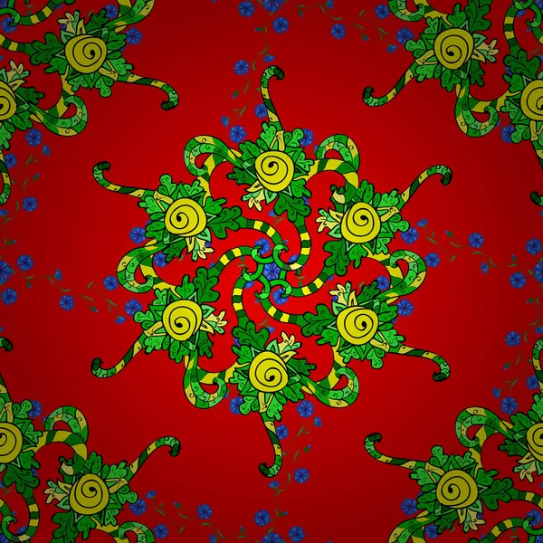 Düğün, tatil kartı. Etnik doku. Doğu, Islam, Hint, motifler. Şark, simetri dantel, kumaş. Arapça Mandala desen kırmızı, yeşil ve sarı renkler. Vintage vektör Dekoratif süsleme. Renkli.