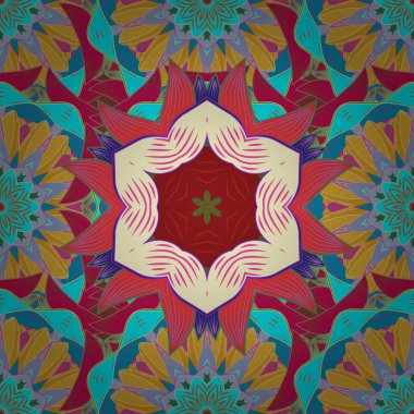 Çiçek ile Seamless modeli. Düz çiçek öğeleri tasarım. Mavi, sarı, bej, kırmızı ve pembe renklerde çiçekler. Bahar Tema Dikişsiz desen arka plan rengi.