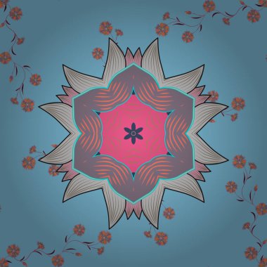 Arabesk. Renkli Mandala mavi, tarafsız ve gri baqckground üzerinde. Vektör dairesel soyut mandalalar desen. İç içe dalları, çiçek ve bukleler yuvarlak süsleme.