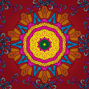 Yuvarlak süsleme iç içe dalları, çiçek ve bukleler. Renkli Mandala üzerinde kırmızı, turuncu ve siyah baqckground. Arabesk. Vektör dairesel soyut mandalalar desen.