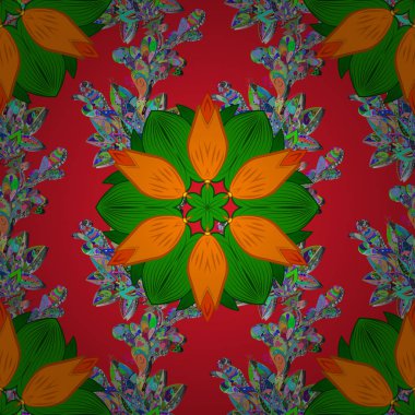 Dekoratif yuvarlak süsleme. Vektör anahat Mandala kırmızı, yeşil ve turuncu renkler. Yoga logo, arka plan için meditasyon poster. Anti-stres terapisi desen. Olağandışı çiçek şekli oryantal hattı.