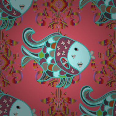 Modern şık doku. Balık ile geometrik fayans yinelenen. Vektör. Seamless modeli. Pembe, mavi ve tarafsız üzerinde balıklar.