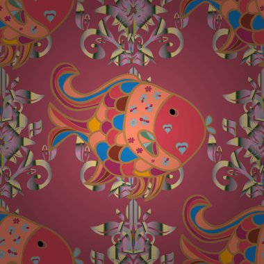 Vektör çizim. Handdrawn. Balık tarzı doodle. Turuncu, pembe ve bej üzerinde balıklar. Sorunsuz.