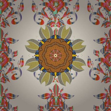 Süslü, doğu mandala renkli hatlarla. Tarafsız, kahverengi ve pembe renklerdeki sanat, yuvarlak, renkli süsler..