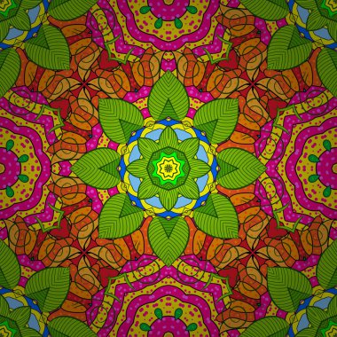 Vektör Mandala renkli. Davetiye kartı Vintage Dekor elementleri yeşil, sarı ve mor renkler süsleme. Kabile, Boho, Bohem tarzı, flash dövme için.