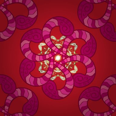 Kaleydoskop, madalyon, yoga, Hindistan, Arapça. Geometrik daire vektör öğesi. Süsleme kırmızı, pembe ve pembe renkli kart ile mandala. Kabile, Boho, Bohem tarzı.