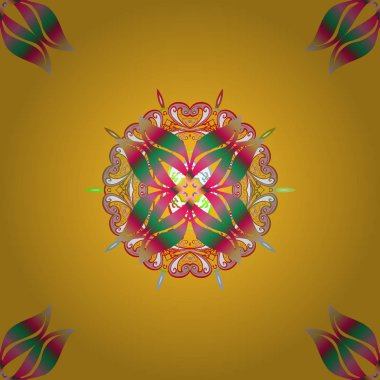 Süsleme sarı, pembe ve yeşil renkli kart ile mandala. Geometrik daire vektör öğesi. Kabile, Boho, Bohem tarzı. Kaleydoskop, madalyon, yoga, Hindistan, Arapça.