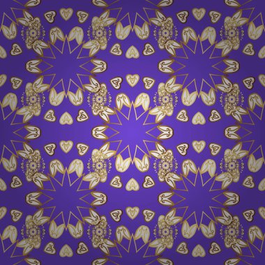 Vektör altın tekstil baskı. İslam tasarım. Mor, beyaz ve kahverengi renkleri altın elemanları ile altın izi. Dikişsiz desen şark süsleme. Çiçek fayans.