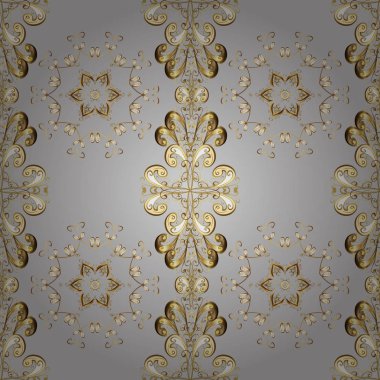 Vektör altın antika çiçek Ortaçağ dekoratif, yaprakları ve altın desen süsler gri, bej ve kahverengi renkleri ile seamless modeli. Sorunsuz kraliyet lüks altın Barok damasko vintage.