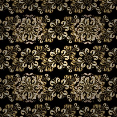 Kına dövme, altın çıkartmalar, tasarım, mehndi ve yoga ile süs çiçek öğeleri kartları ve yazdırır. Siyah, bej ve kahverengi renk desen. Vektör altın mehndi seamless modeli.