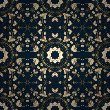 Çiçek fayans. Vektör altın tekstil baskı. Mavi, kahverengi ve beyaz renkleri altın elemanları ile altın izi. Dikişsiz desen şark süsleme. İslam tasarım.