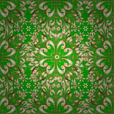 Damasko Dikişsiz desen yinelenen arka plan. Yeşil, bej ve sarı renkleri altın öğesinde. Antika altın yinelenebilir duvar kağıdı. Barok tarzı altın çiçek süsleme.