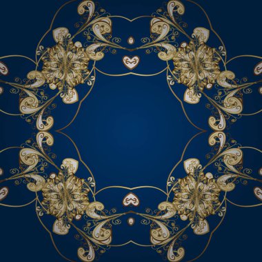 Vektör çizim. Mavi, kahverengi ve bej renkler Şam altın soyut çiçek seamless modeli. Süslü dekorasyon.