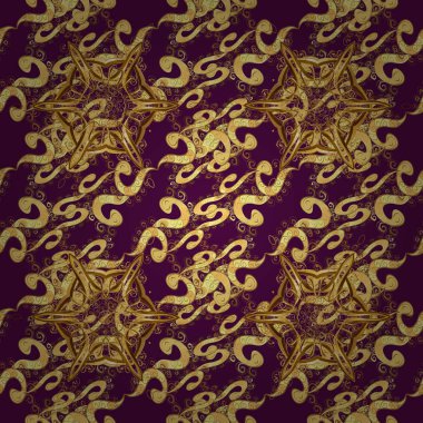 Ajur narin altın desen. Vektör. Oryantal tarzı arabesk. Sorunsuz altın doku bukleler. Parlak dantel, stilize çiçekler, paisley. Mor renkler altın elemanları ile Seamless modeli.