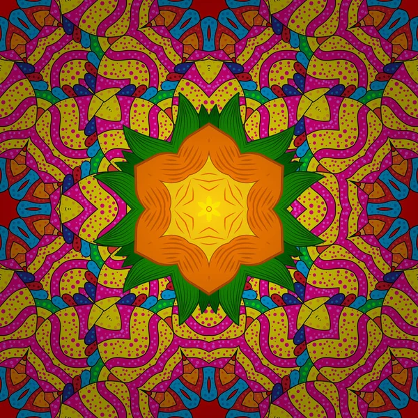 Boho tarzı çiçek seamless modeli. Vektör Mandala. Sarı, kırmızı ve turuncu renkleri. Kiremitli mandala tasarım, baskı kumaş veya yetkin ve daha fazlası için en iyi.