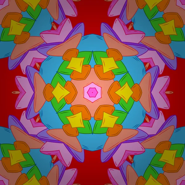 Mandala ile turuncu, mavi ve pembe renkli kart süsleme. Kabile, Boho, Bohem tarzı. Kaleydoskop, madalyon, yoga, Hindistan, Arapça. Geometrik daire vektör öğesi.