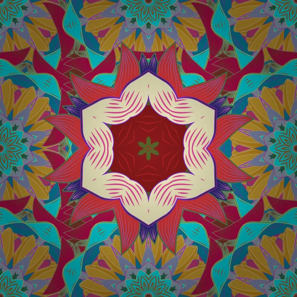 Çiçek ile Seamless modeli. Düz çiçek öğeleri tasarım. Mavi, sarı, bej, kırmızı ve pembe renklerde çiçekler. Bahar Tema Dikişsiz desen arka plan rengi.