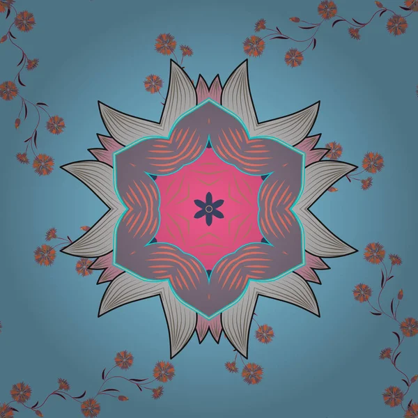 Arabesk. Renkli Mandala mavi, tarafsız ve gri baqckground üzerinde. Vektör dairesel soyut mandalalar desen. İç içe dalları, çiçek ve bukleler yuvarlak süsleme.