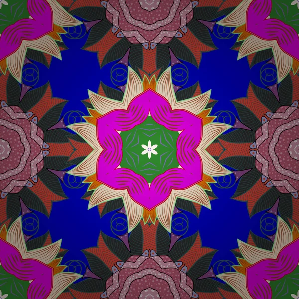 Vektör çizim. Mavi, gri ve turuncu renkler renkli mandala. Mandala tarzı. Zengin etnik çizgili seamless modeli geometrik tasarım.