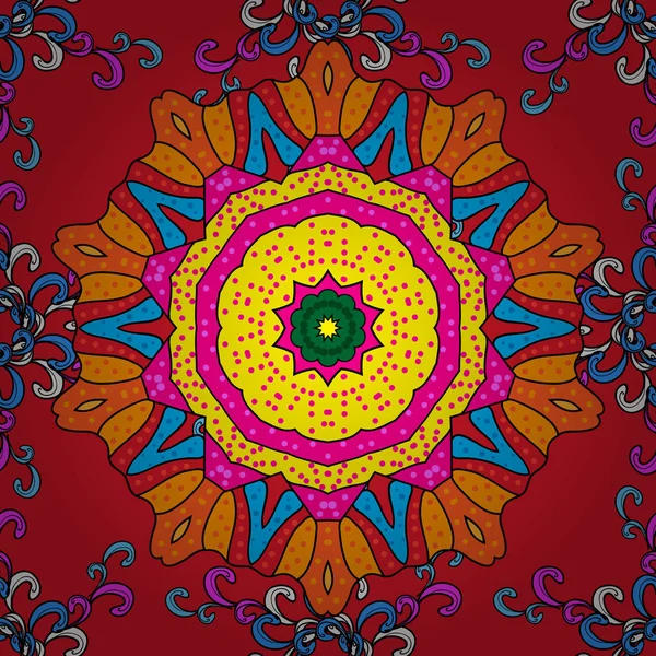 Yuvarlak süsleme iç içe dalları, çiçek ve bukleler. Renkli Mandala üzerinde kırmızı, turuncu ve siyah baqckground. Arabesk. Vektör dairesel soyut mandalalar desen.