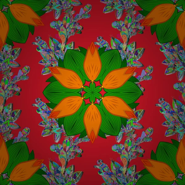 Dekoratif yuvarlak süsleme. Vektör anahat Mandala kırmızı, yeşil ve turuncu renkler. Yoga logo, arka plan için meditasyon poster. Anti-stres terapisi desen. Olağandışı çiçek şekli oryantal hattı.