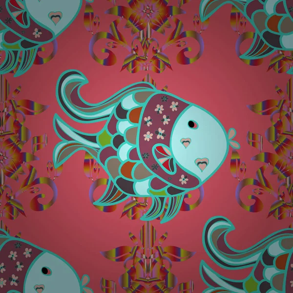 Modern şık doku. Balık ile geometrik fayans yinelenen. Vektör. Seamless modeli. Pembe, mavi ve tarafsız üzerinde balıklar.
