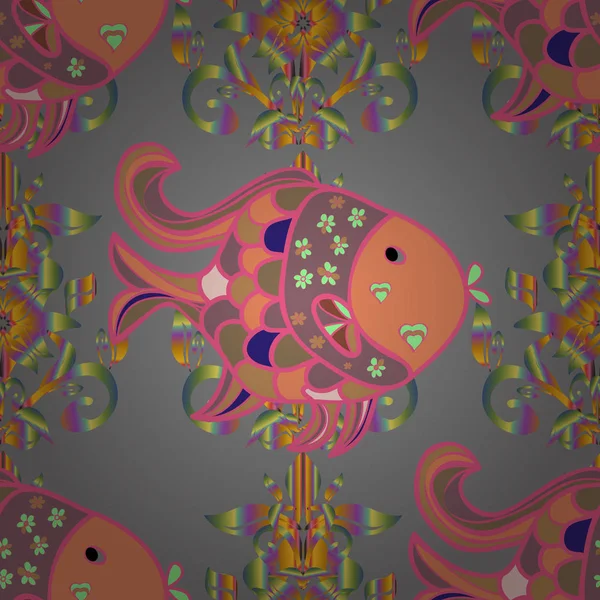 Balıklar poster, afiş şablon. Sevimli balıklar baskı kullanılabilir Bebek giyim, t-shirtler, Çocuk giyim, kartları, ambalaj tasarımı için. Yüzme balıklar şirin desen gri, pembe ve turuncu zemin üzerine.