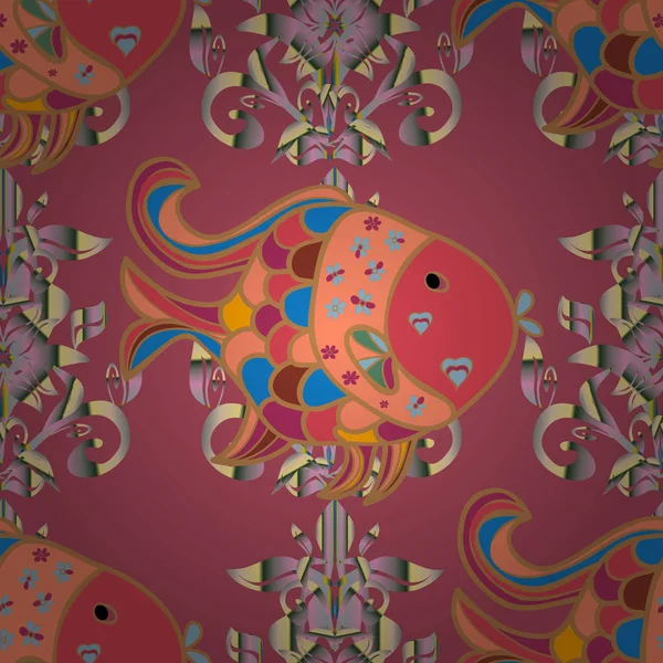 Vektör çizim. Handdrawn. Balık tarzı doodle. Turuncu, pembe ve bej üzerinde balıklar. Sorunsuz.