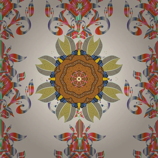 Süslü, doğu mandala renkli hatlarla. Tarafsız, kahverengi ve pembe renklerdeki sanat, yuvarlak, renkli süsler..