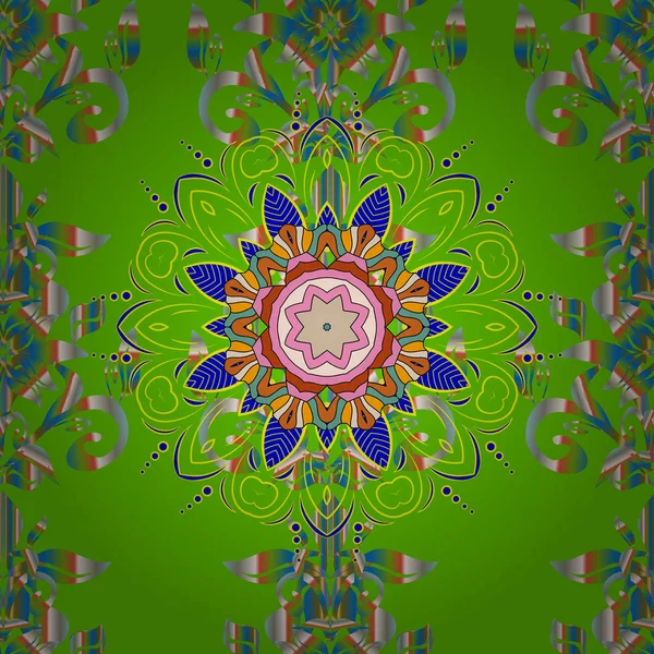 Zengin etnik seamless modeli geometrik tasarım çizgili. Mandala tarzı. Yeşil, mavi ve nötr renkler renkli mandala. Vektör çizim.