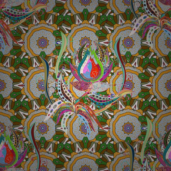 Tropik çiçekler. Tarafsız, yeşil ve sarı renkler çiçekler. Gömlek sorunsuz arka plan deseni.