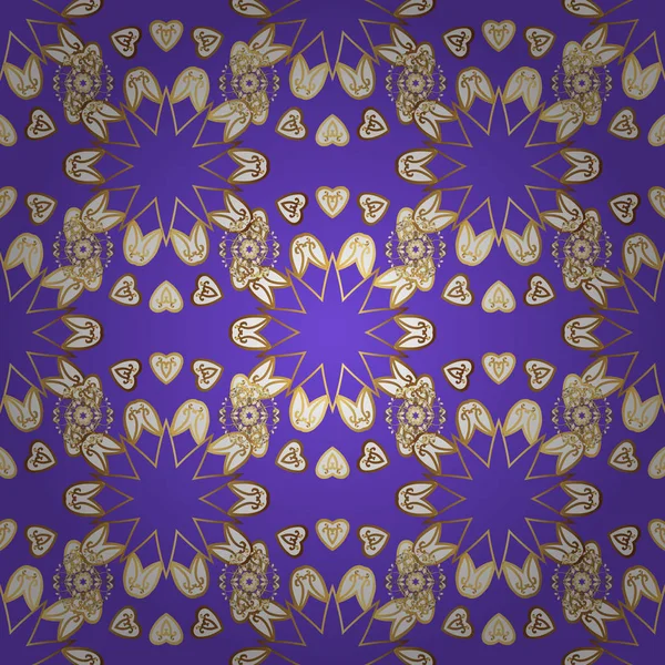Vektör altın tekstil baskı. İslam tasarım. Mor, beyaz ve kahverengi renkleri altın elemanları ile altın izi. Dikişsiz desen şark süsleme. Çiçek fayans.