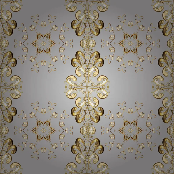 Vektör altın antika çiçek Ortaçağ dekoratif, yaprakları ve altın desen süsler gri, bej ve kahverengi renkleri ile seamless modeli. Sorunsuz kraliyet lüks altın Barok damasko vintage.