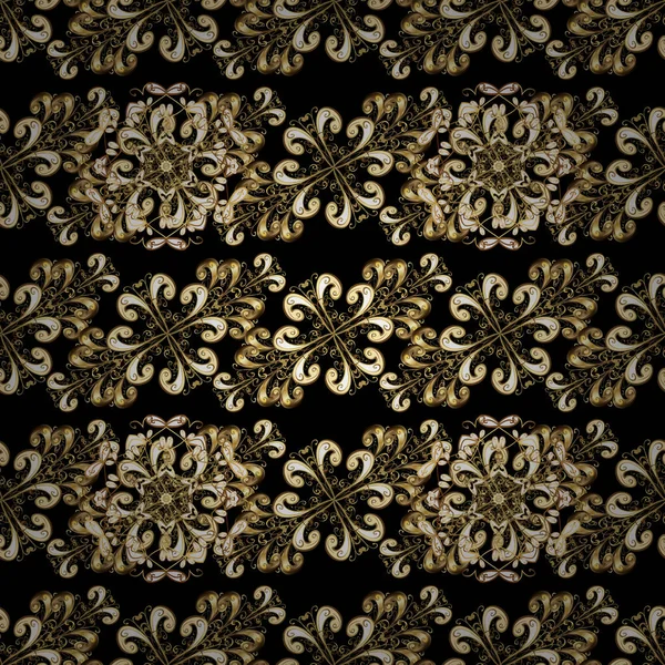 Kına dövme, altın çıkartmalar, tasarım, mehndi ve yoga ile süs çiçek öğeleri kartları ve yazdırır. Siyah, bej ve kahverengi renk desen. Vektör altın mehndi seamless modeli.