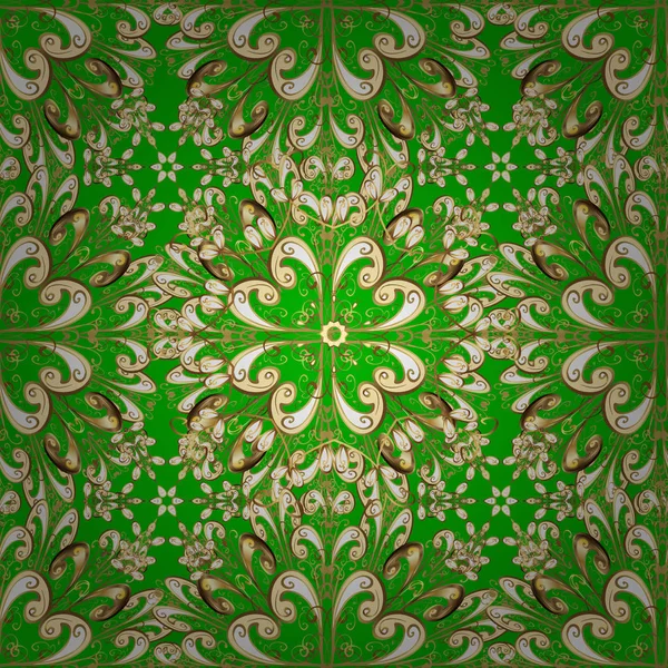 Damasko Dikişsiz desen yinelenen arka plan. Yeşil, bej ve sarı renkleri altın öğesinde. Antika altın yinelenebilir duvar kağıdı. Barok tarzı altın çiçek süsleme.
