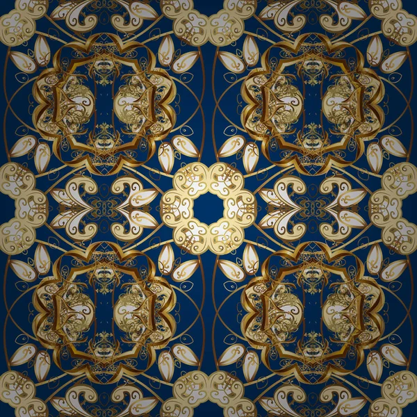 Східний Стиль Арабески Безшовні Золоті Текстуровані Завитки Сині Коричневі Бежеві — стоковий вектор