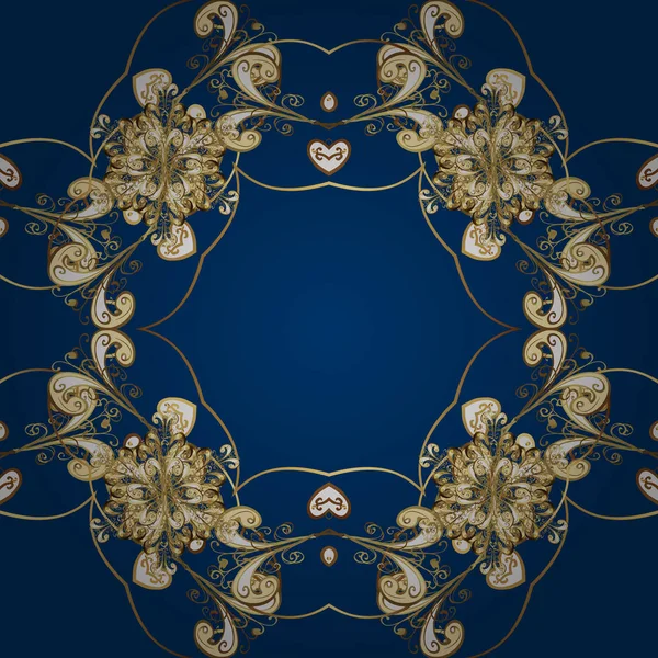 Vektör çizim. Mavi, kahverengi ve bej renkler Şam altın soyut çiçek seamless modeli. Süslü dekorasyon.