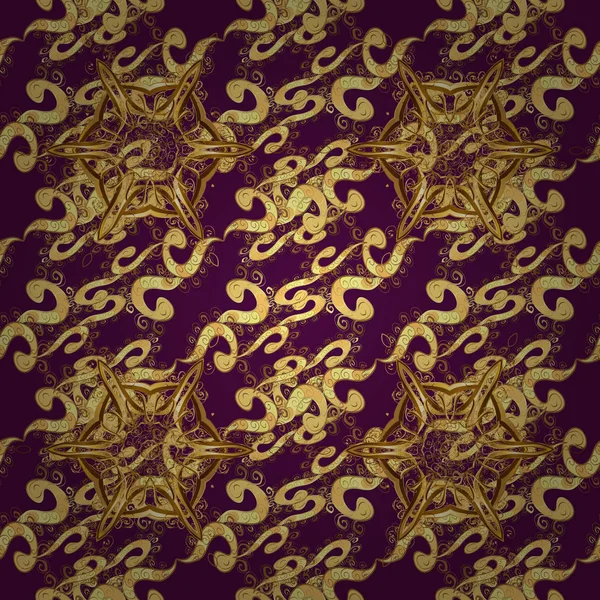 Ajur narin altın desen. Vektör. Oryantal tarzı arabesk. Sorunsuz altın doku bukleler. Parlak dantel, stilize çiçekler, paisley. Mor renkler altın elemanları ile Seamless modeli.