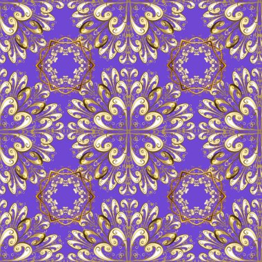 Menekşe, bej ve kahverengi renkleri altın elemanları ile altın seamless modeli. Menekşe, bej ve kahverengi renkleri altın elemanları ile sorunsuz vintage desen. Noel, kar tanesi, yeni yıl.