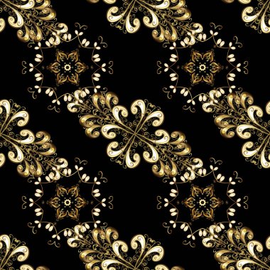 Oryantal tarzı arabesk. Vektör altın desen. Siyah, kahverengi ve bej renkler altın elemanları ile. Vektör çizim. Sorunsuz altın dokulu bukleler.