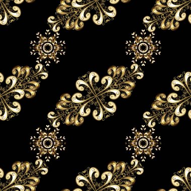 Vektör çizim. Vektör arka plan öğeleri tekrarlayan olan. Damasko klasik altın Dikişsiz desen. Siyah, bej ve kahverengi renkleri altın elemanları ile altın seamless modeli.
