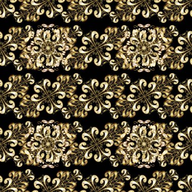Damasko arka plan. Altın çiçek seamless modeli. Bir siyah, bej ve kahverengi renkleri altın öğesinde. Barok tarzı altın çiçek süsleme.
