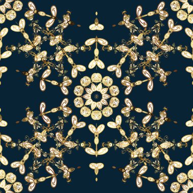 Çiçek desenli. Mavi, beyaz ve kahverengi renkleri altın öğelerinde. Şık grafik desen. Duvar kağıdı Barok, Şam. Sorunsuz vektör arka plan.