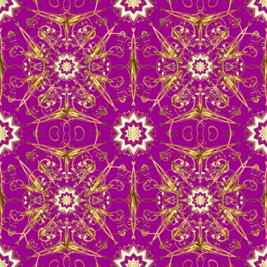 Çiçek desenli altın metal. Vektör altın çiçek süsleme brokar Tekstil ve cam desen. Mor, bej ve kahverengi renkleri altın elemanları ile. Dikişsiz altın desen.