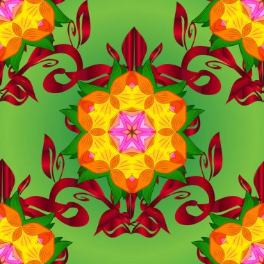 Vektör çizim. Yeşil, kırmızı ve turuncu renkler üzerinde karalamalar çiçekli sorunsuz çiçek desenli.