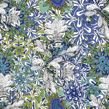 Güzel kumaş deseni. Vektör suluboya çiçek desenli, narin çiçekler, beyaz, mavi, siyah, gri ve tarafsız çiçekler, tebrik kartı şablonu.
