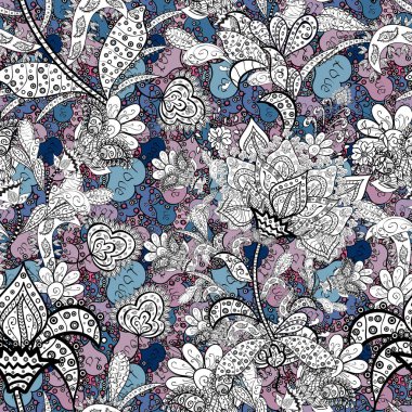 Vektör çizim. Beyaz, siyah ve mavi renkler Asya Tekstil tarzında. Suluboya çiçekli çiçekli seamless modeli.